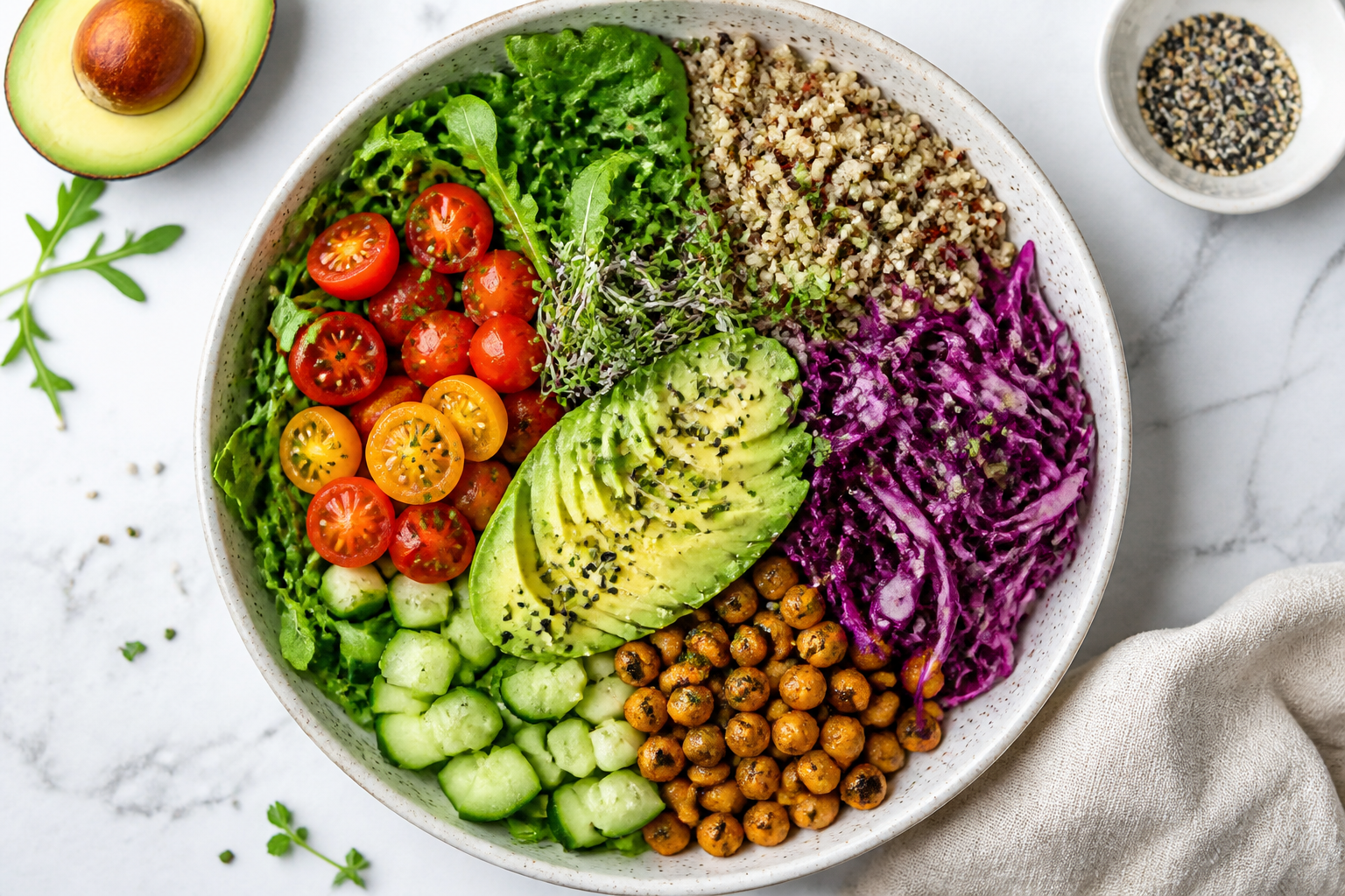 Bowl de ensalada mediterránea con quinoa y aguacate