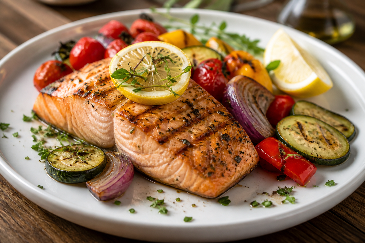 Salmón al horno con verduras asadas